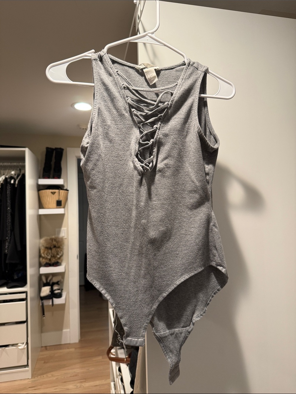 Gray Lace-Up Women’s Bodysuit Top